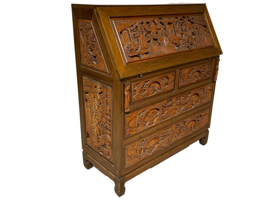 Vintage Relief Carved Chinese Secretary Desk With Drawers 36W X 17D X 41.5H [Photo 2]