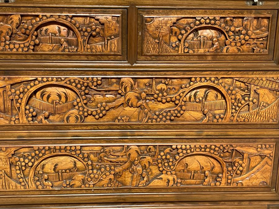 Vintage Relief Carved Chinese Secretary Desk With Drawers 36W X 17D X 41.5H [Photo 13]
