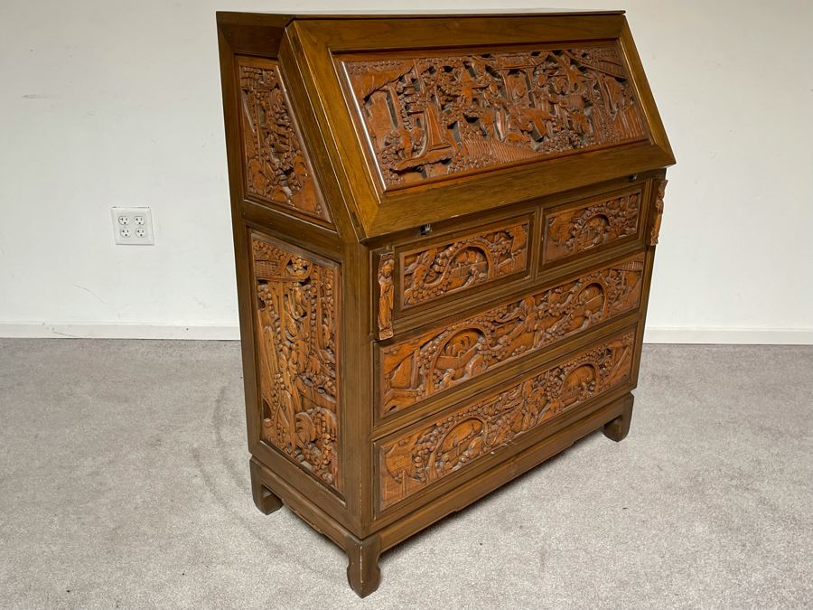 Vintage Relief Carved Chinese Secretary Desk With Drawers 36W X 17D X 41.5H [Photo 17]