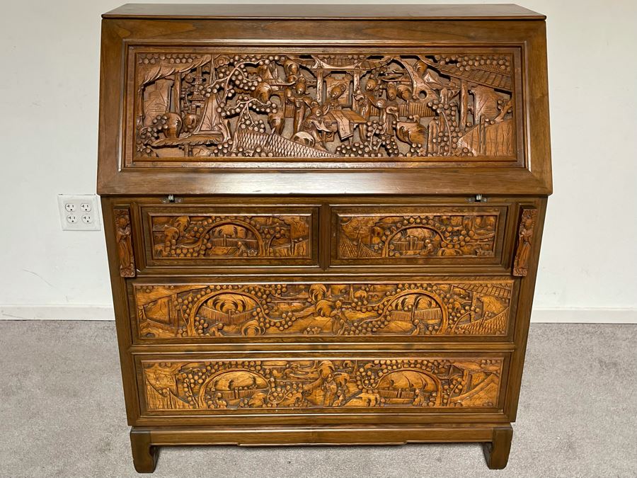 Vintage Relief Carved Chinese Secretary Desk With Drawers 36W X 17D X 41.5H [Photo 4]