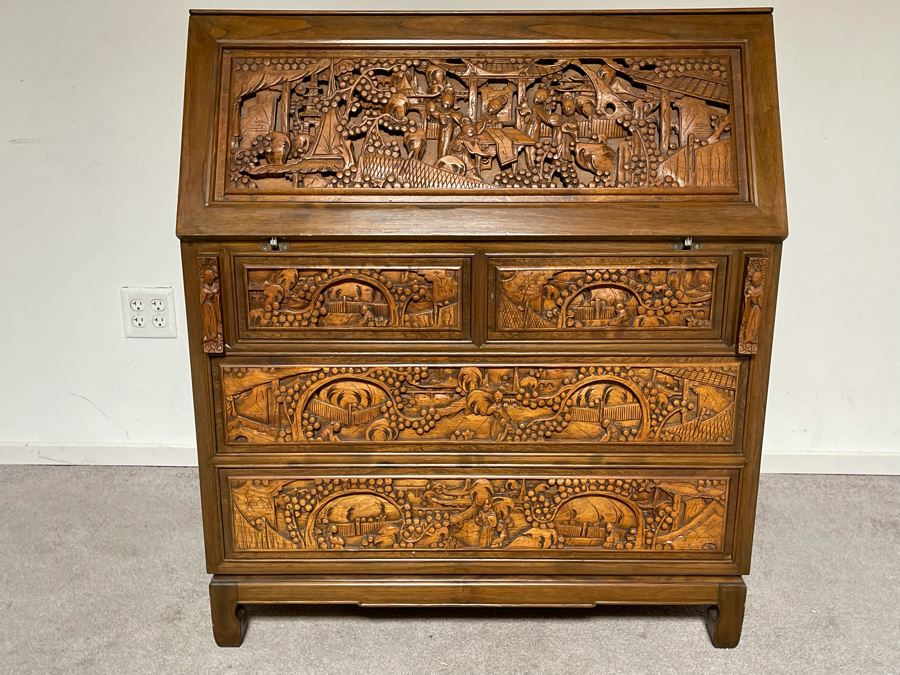 Vintage Relief Carved Chinese Secretary Desk With Drawers 36W X 17D X 41.5H [Photo 5]