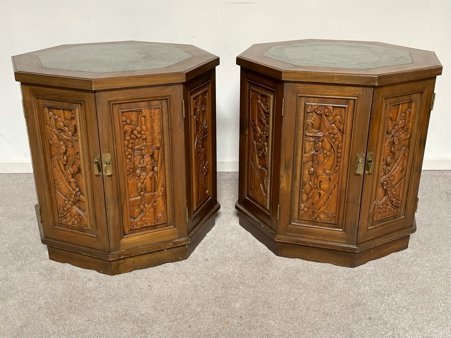 Vintage Pair Of Relief Carved Chinese Side Table Cabinets With Marble Tops 25W X 23H [Photo 3]