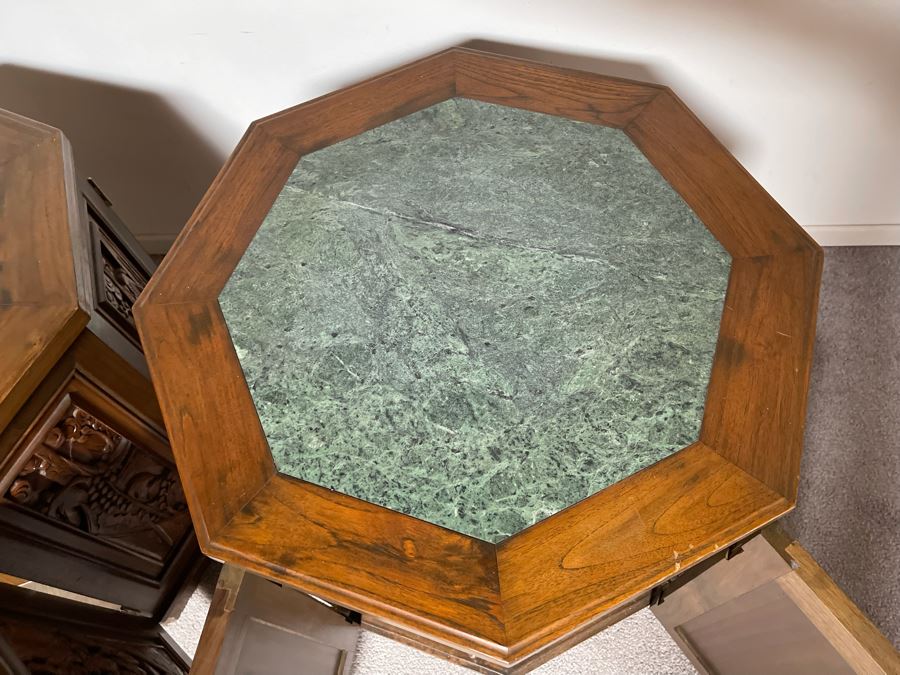 Vintage Pair Of Relief Carved Chinese Side Table Cabinets With Marble Tops 25W X 23H [Photo 12]