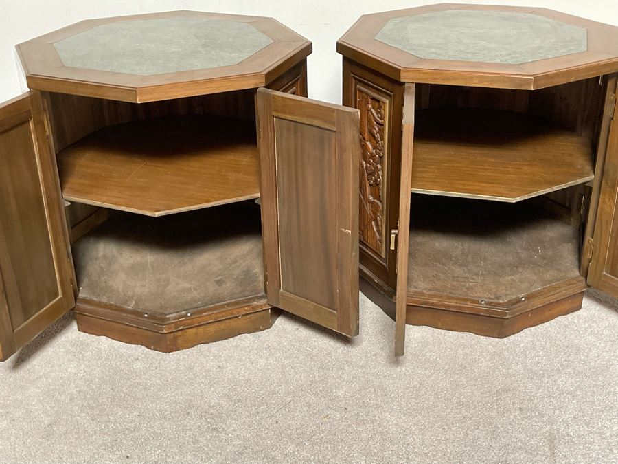 Vintage Pair Of Relief Carved Chinese Side Table Cabinets With Marble Tops 25W X 23H [Photo 10]