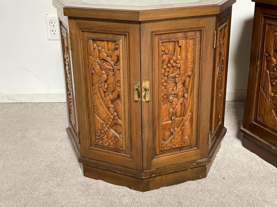 Vintage Pair Of Relief Carved Chinese Side Table Cabinets With Marble Tops 25W X 23H [Photo 6]