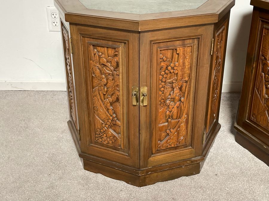 Vintage Pair Of Relief Carved Chinese Side Table Cabinets With Marble Tops 25W X 23H [Photo 5]