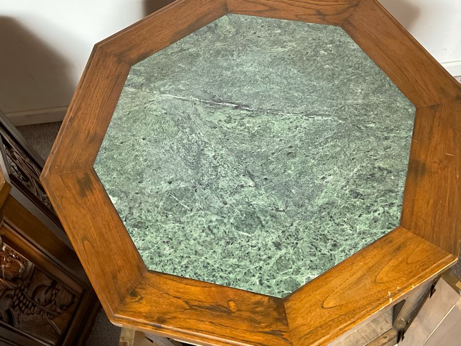 Vintage Pair Of Relief Carved Chinese Side Table Cabinets With Marble Tops 25W X 23H [Photo 11]