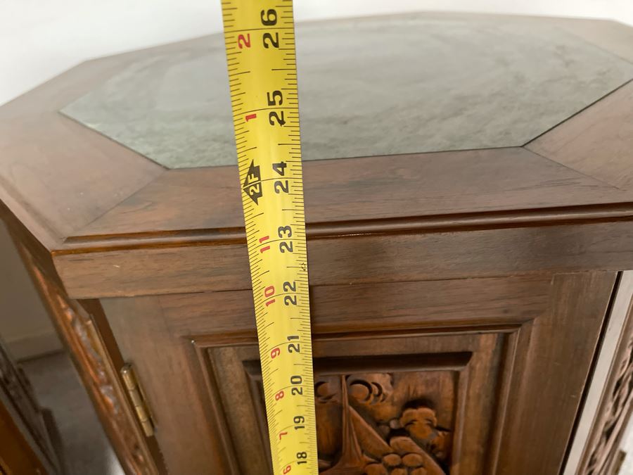 Vintage Pair Of Relief Carved Chinese Side Table Cabinets With Marble Tops 25W X 23H [Photo 15]