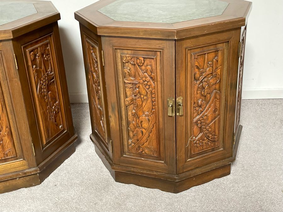Vintage Pair Of Relief Carved Chinese Side Table Cabinets With Marble Tops 25W X 23H [Photo 7]