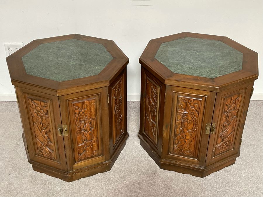 Vintage Pair Of Relief Carved Chinese Side Table Cabinets With Marble Tops 25W X 23H [Photo 4]