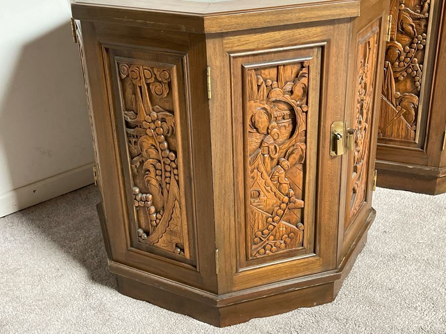 Vintage Pair Of Relief Carved Chinese Side Table Cabinets With Marble Tops 25W X 23H [Photo 9]