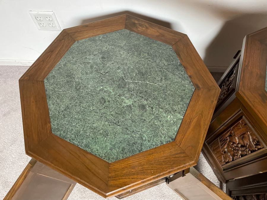 Vintage Pair Of Relief Carved Chinese Side Table Cabinets With Marble Tops 25W X 23H [Photo 13]