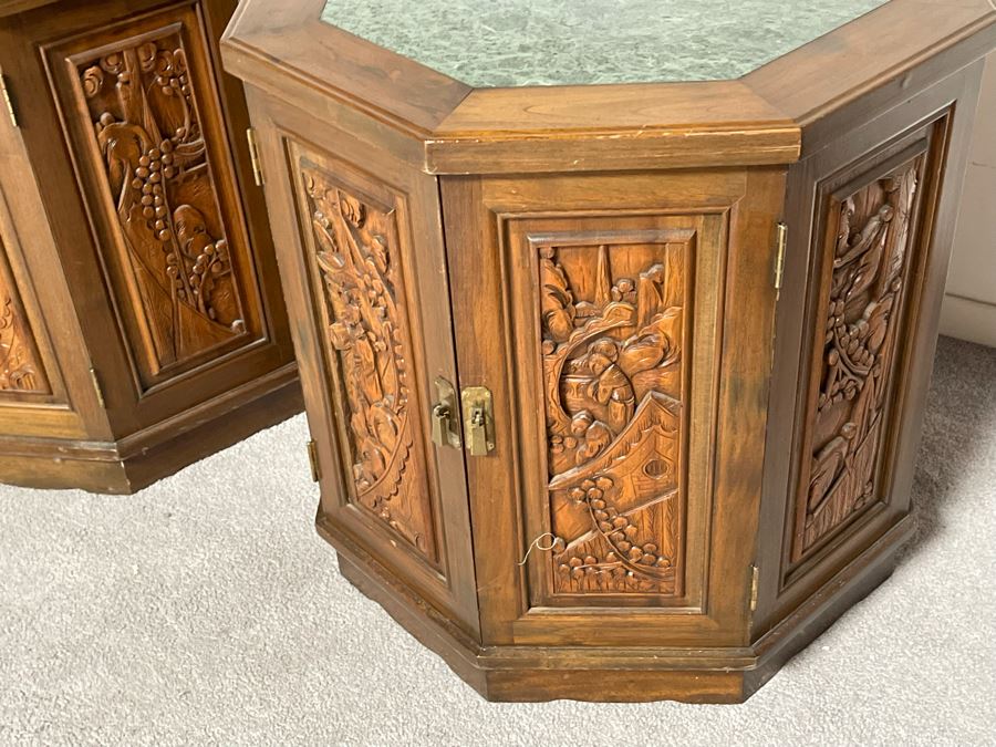 Vintage Pair Of Relief Carved Chinese Side Table Cabinets With Marble Tops 25W X 23H [Photo 8]
