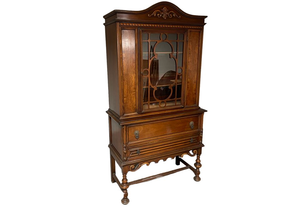 Antique Wooden China Cabinet With Overhead Lighting 38W X 18D X 6’H [Photo 3]