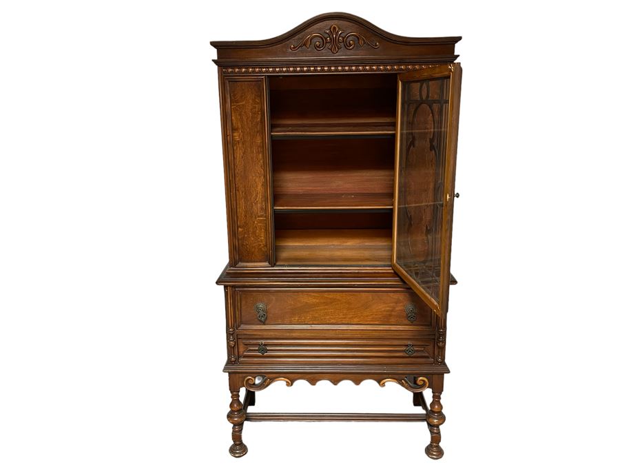 Antique Wooden China Cabinet With Overhead Lighting 38W X 18D X 6’H [Photo 2]