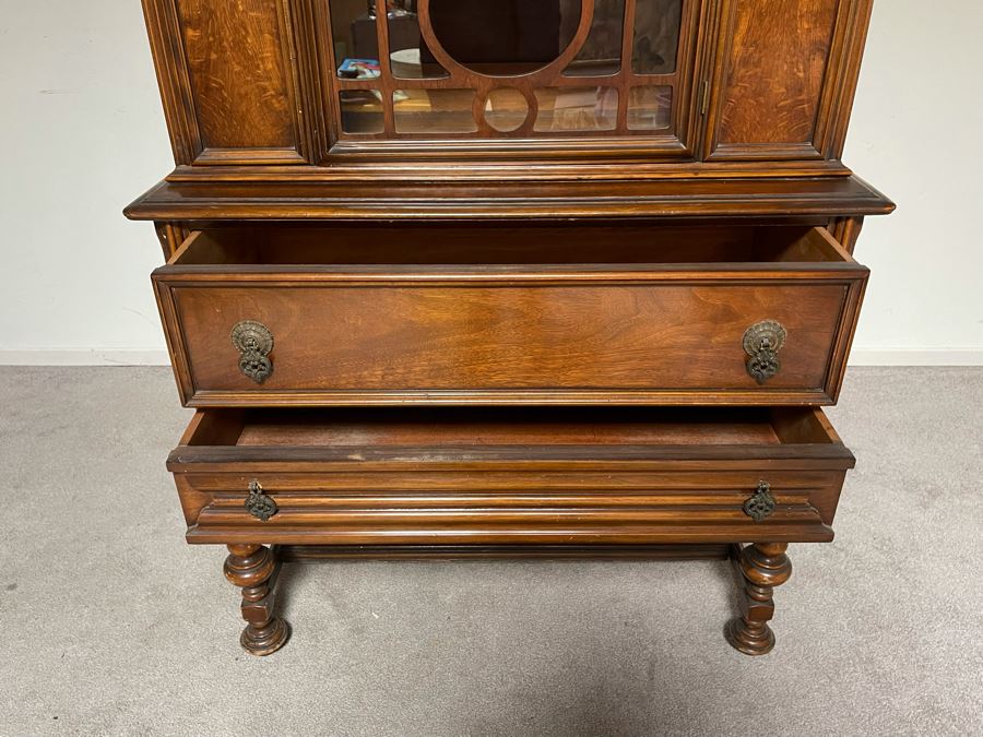 Antique Wooden China Cabinet With Overhead Lighting 38W X 18D X 6’H [Photo 5]