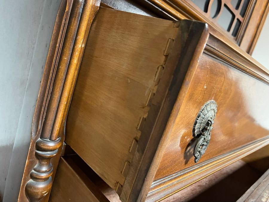 Antique Wooden China Cabinet With Overhead Lighting 38W X 18D X 6’H [Photo 6]