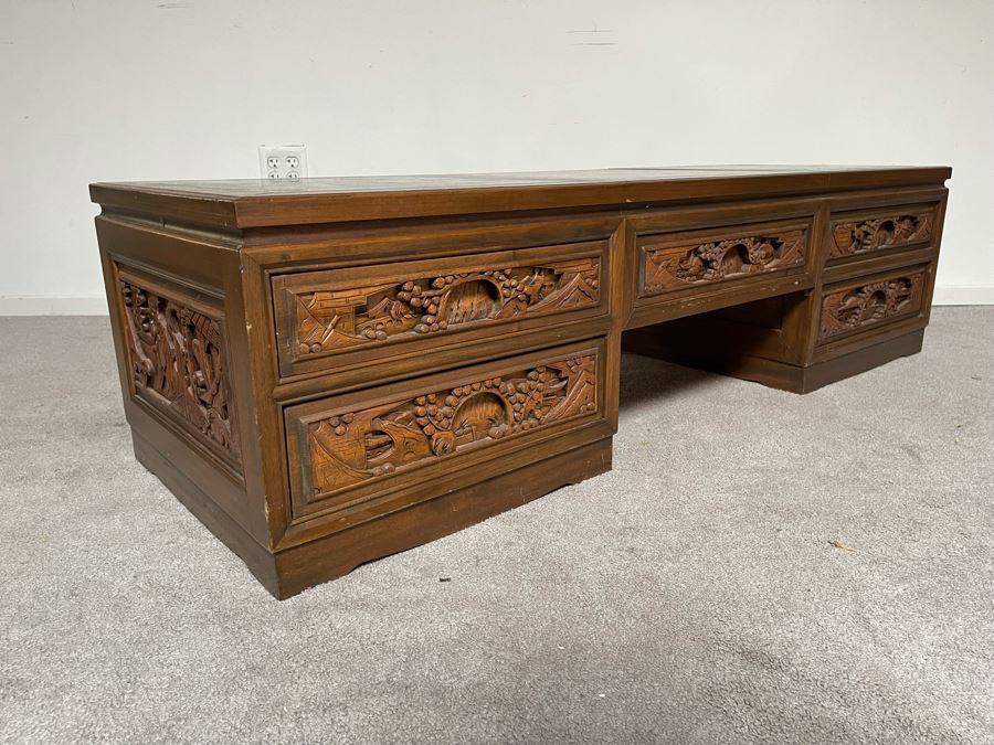 Vintage Relief Carved Chinese Coffee Table With Large Pullout Drawers Accessible Form Both Sides And Marble Tops 5’W X 20”D X 16”H [Photo 11]