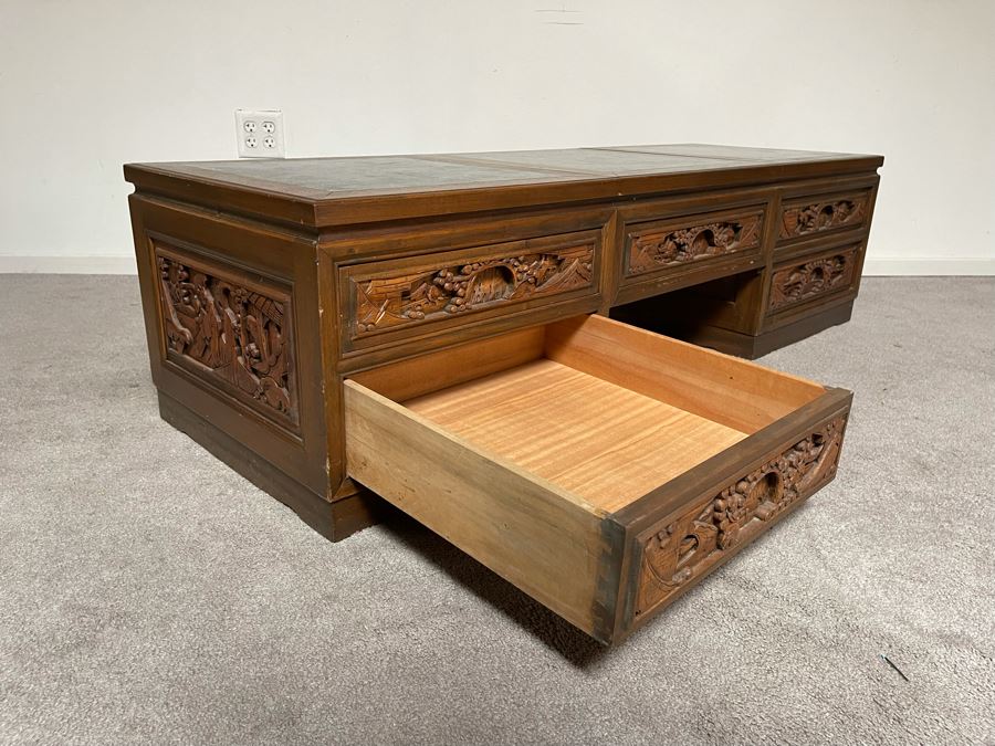 Vintage Relief Carved Chinese Coffee Table With Large Pullout Drawers Accessible Form Both Sides And Marble Tops 5’W X 20”D X 16”H [Photo 14]