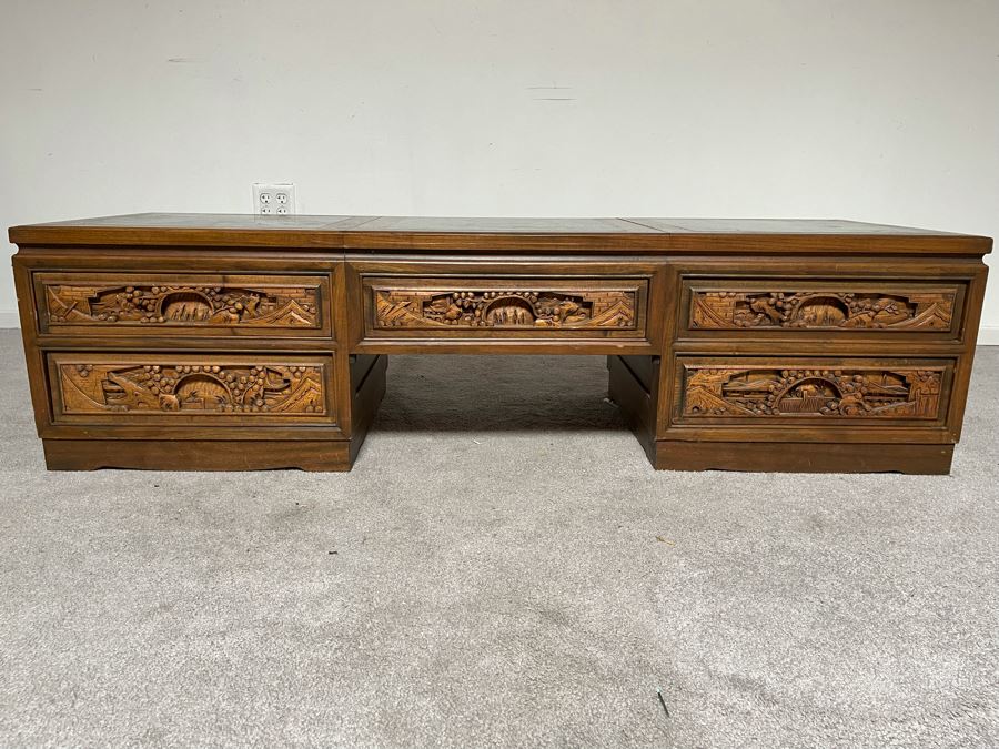 Vintage Relief Carved Chinese Coffee Table With Large Pullout Drawers Accessible Form Both Sides And Marble Tops 5’W X 20”D X 16”H [Photo 6]