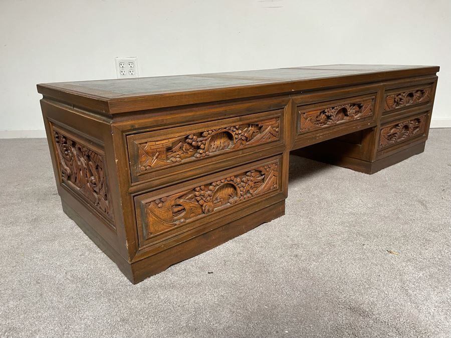 Vintage Relief Carved Chinese Coffee Table With Large Pullout Drawers