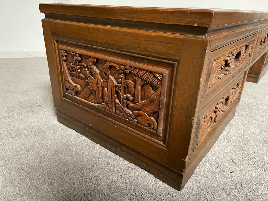 Vintage Relief Carved Chinese Coffee Table With Large Pullout Drawers Accessible Form Both Sides And Marble Tops 5’W X 20”D X 16”H [Photo 13]