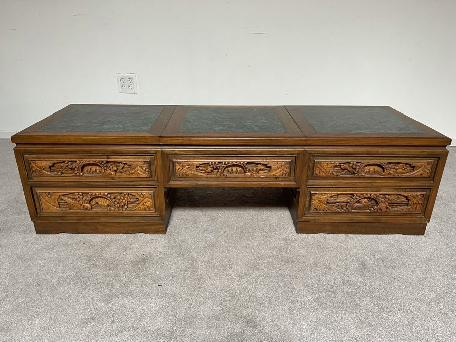 Vintage Relief Carved Chinese Coffee Table With Large Pullout Drawers