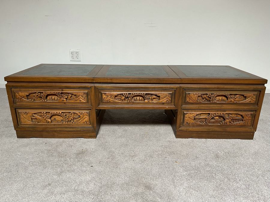 Vintage Relief Carved Chinese Coffee Table With Large Pullout Drawers Accessible Form Both Sides And Marble Tops 5’W X 20”D X 16”H [Photo 4]