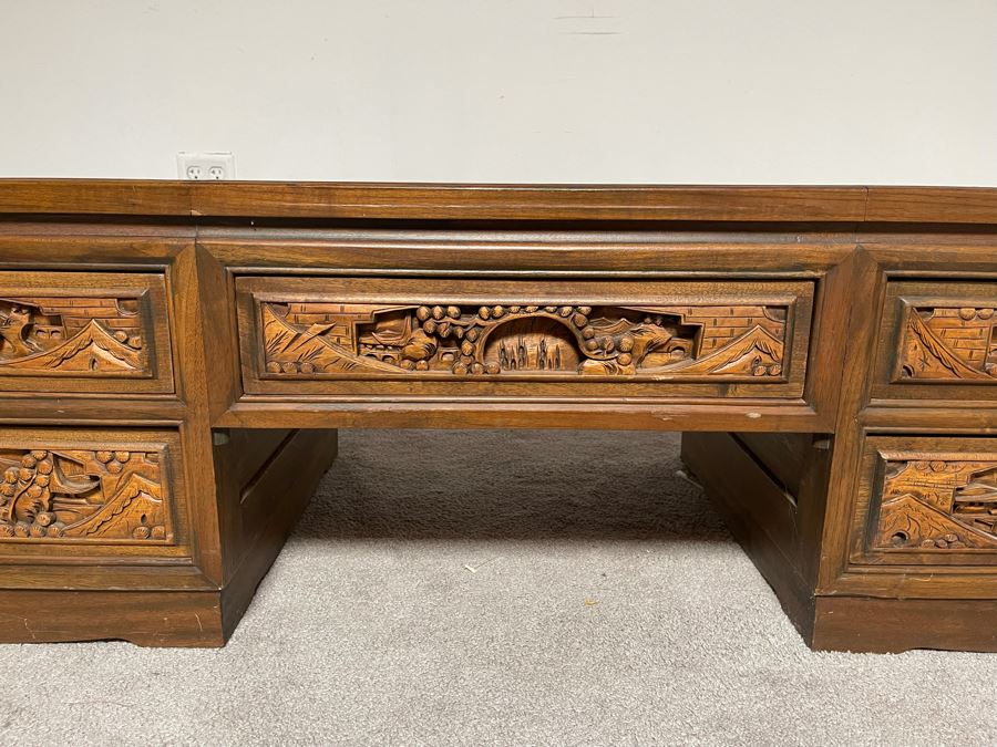 Vintage Relief Carved Chinese Coffee Table With Large Pullout Drawers Accessible Form Both Sides And Marble Tops 5’W X 20”D X 16”H [Photo 7]