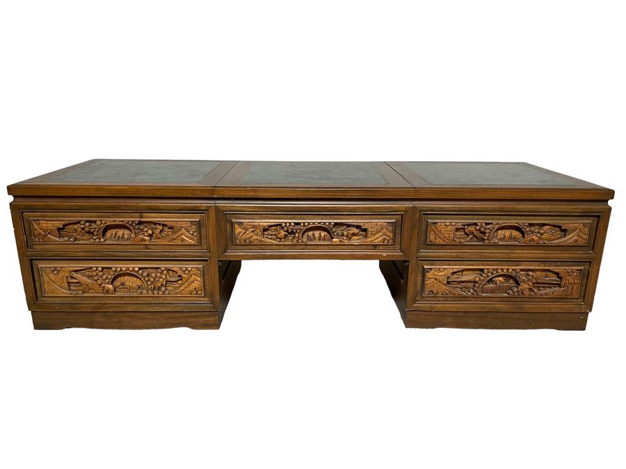 Vintage Relief Carved Chinese Coffee Table With Large Pullout Drawers Accessible Form Both Sides And Marble Tops 5’W X 20”D X 16”H [Photo 2]