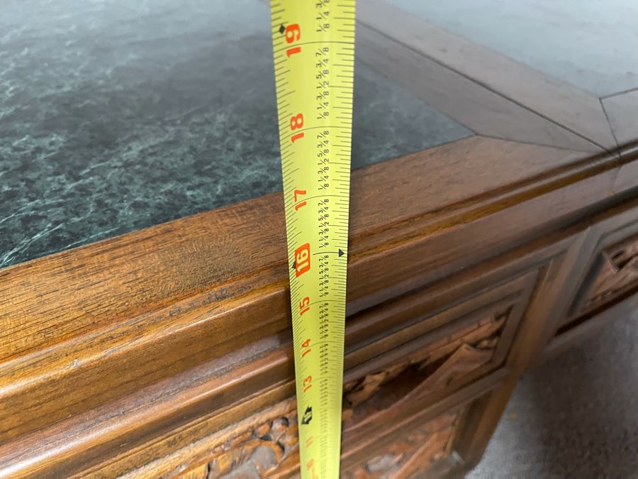 Vintage Relief Carved Chinese Coffee Table With Large Pullout Drawers Accessible Form Both Sides And Marble Tops 5’W X 20”D X 16”H [Photo 18]