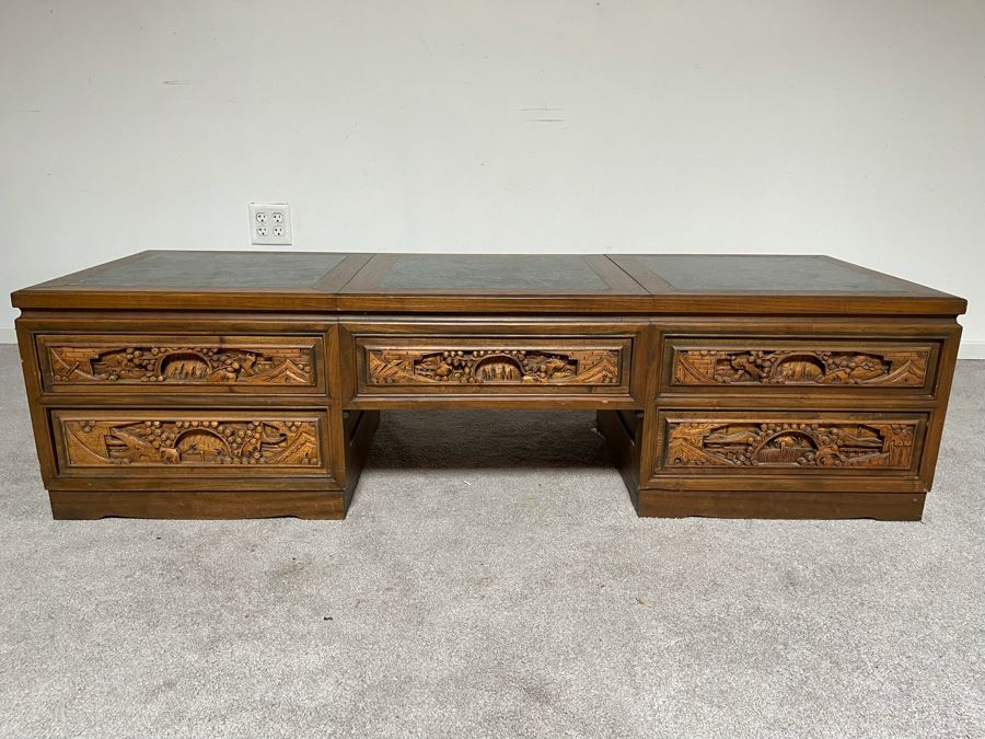 Vintage Relief Carved Chinese Coffee Table With Large Pullout Drawers Accessible Form Both Sides And Marble Tops 5’W X 20”D X 16”H [Photo 3]