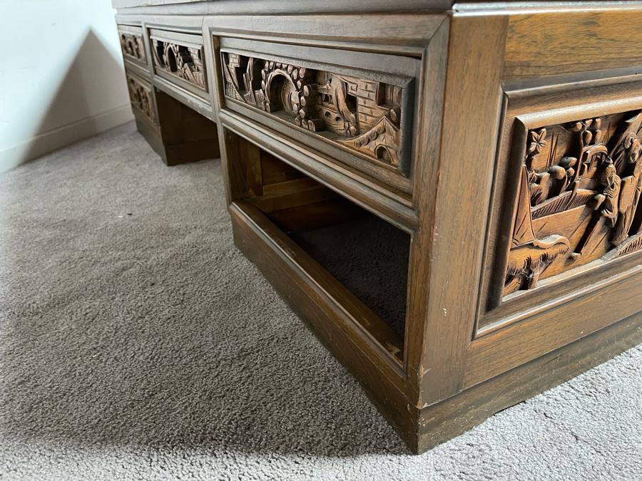 Vintage Relief Carved Chinese Coffee Table With Large Pullout Drawers Accessible Form Both Sides And Marble Tops 5’W X 20”D X 16”H [Photo 15]