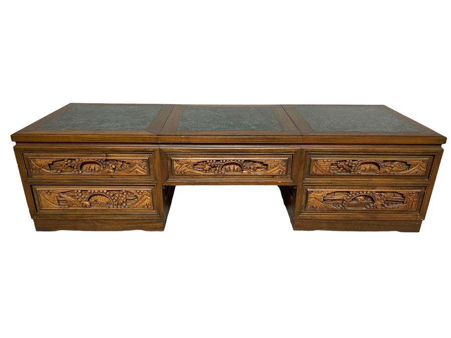 Vintage Relief Carved Chinese Coffee Table With Large Pullout Drawers Accessible Form Both Sides And Marble Tops 5’W X 20”D X 16”H [Photo 1]