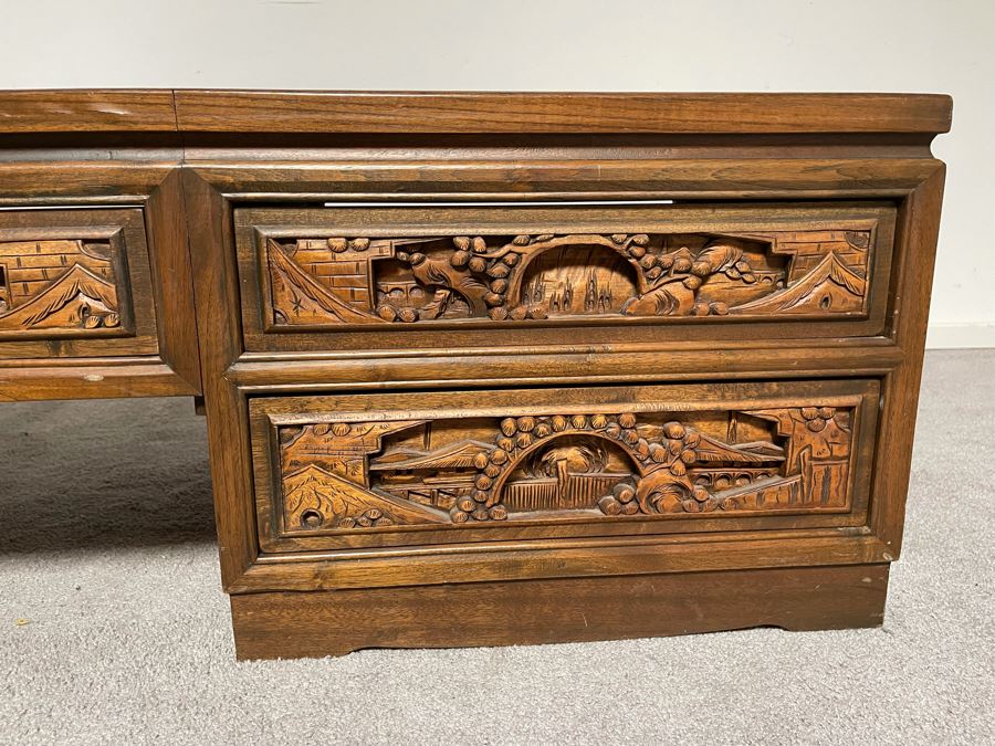 Vintage Relief Carved Chinese Coffee Table With Large Pullout Drawers Accessible Form Both Sides And Marble Tops 5’W X 20”D X 16”H [Photo 8]