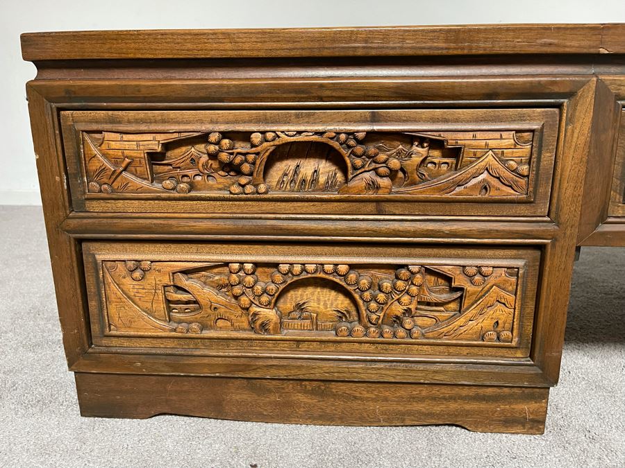 Vintage Relief Carved Chinese Coffee Table With Large Pullout Drawers Accessible Form Both Sides And Marble Tops 5’W X 20”D X 16”H [Photo 9]