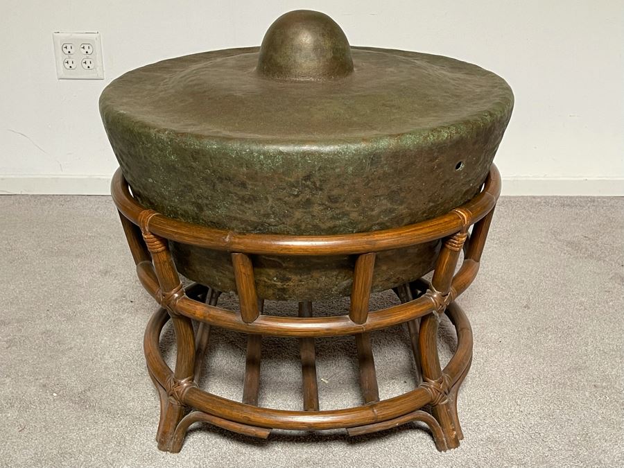 Vintage Hammered Bronze Agung Hanging Gong Instrument Produces Bass Sound From The Philippines Heavy 2’W X 16”H With Bamboo Table As Stand From Agung [Photo 3]