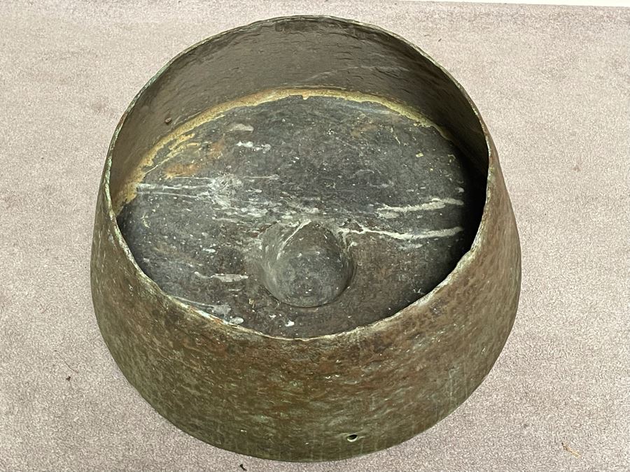 Vintage Hammered Bronze Agung Hanging Gong Instrument Produces Bass Sound From The Philippines Heavy 2’W X 16”H With Bamboo Table As Stand From Agung [Photo 8]