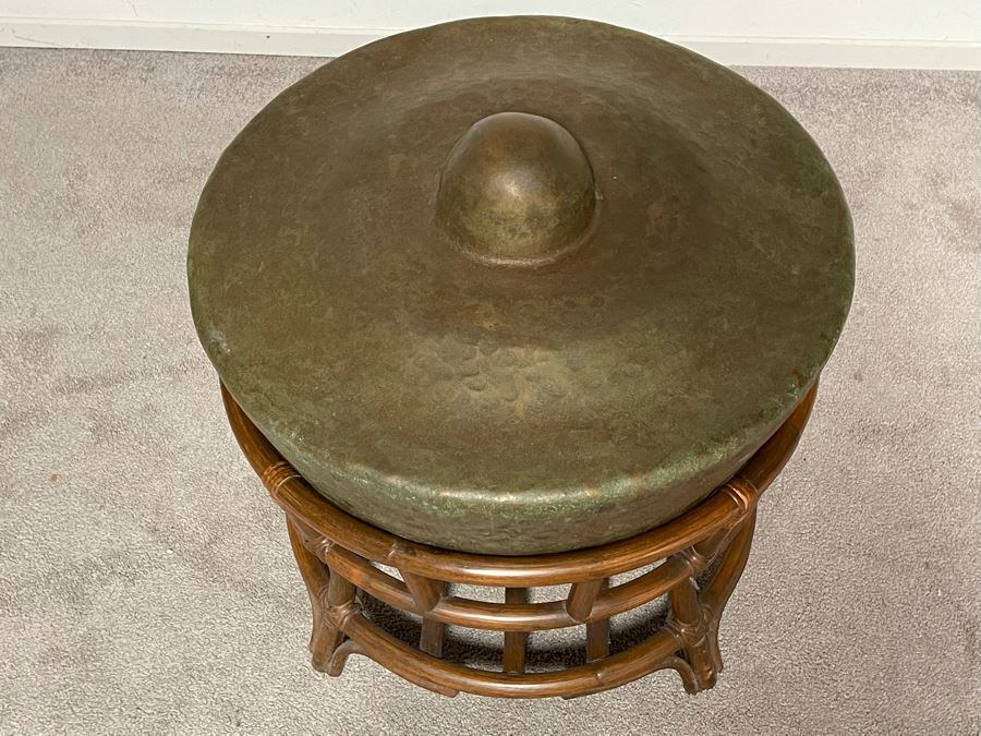 Vintage Hammered Bronze Agung Hanging Gong Instrument Produces Bass Sound From The Philippines Heavy 2’W X 16”H With Bamboo Table As Stand From Agung [Photo 4]
