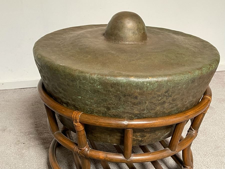 Vintage Hammered Bronze Agung Hanging Gong Instrument Produces Bass Sound From The Philippines Heavy 2’W X 16”H With Bamboo Table As Stand From Agung [Photo 5]