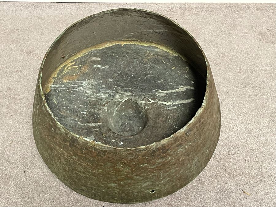 Vintage Hammered Bronze Agung Hanging Gong Instrument Produces Bass Sound From The Philippines Heavy 2’W X 16”H With Bamboo Table As Stand From Agung [Photo 7]