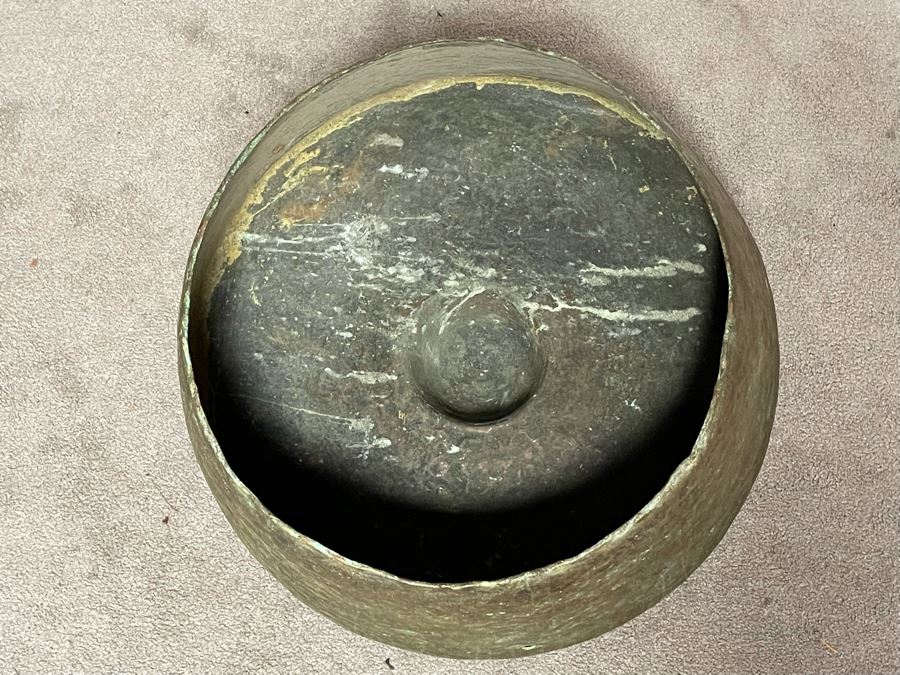 Vintage Hammered Bronze Agung Hanging Gong Instrument Produces Bass Sound From The Philippines Heavy 2’W X 16”H With Bamboo Table As Stand From Agung [Photo 9]