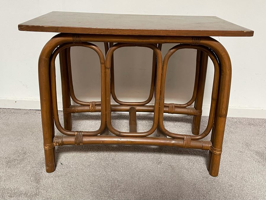 Vintage Bamboo And Wood Top Side Table 26W X 16D X 20H [Photo 3]