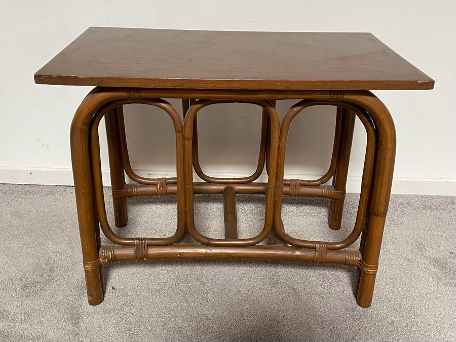 Vintage Bamboo And Wood Top Side Table 26W X 16D X 20H [Photo 4]