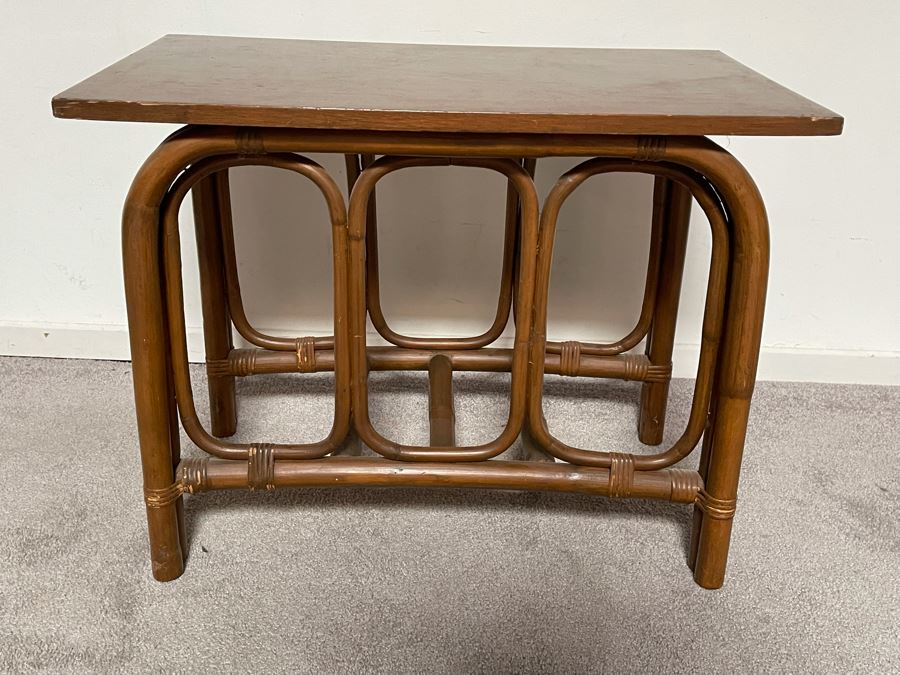 Vintage Bamboo And Wood Top Side Table 26W X 16D X 20H [Photo 2]