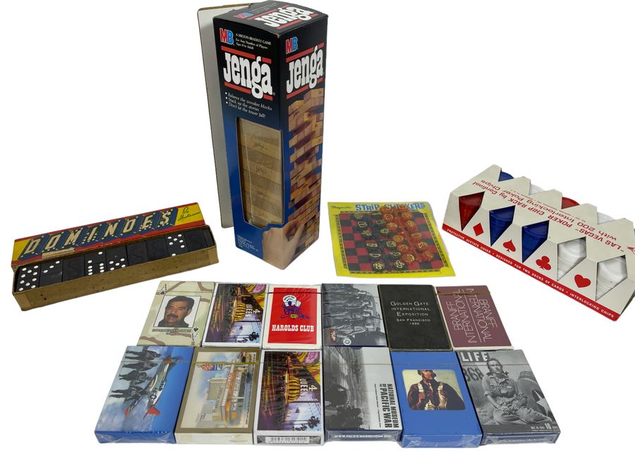 Game Lot Includes Sealed Jenga, Poker Chips, Dominoes, Playing Cards, Checkers [Photo 1]