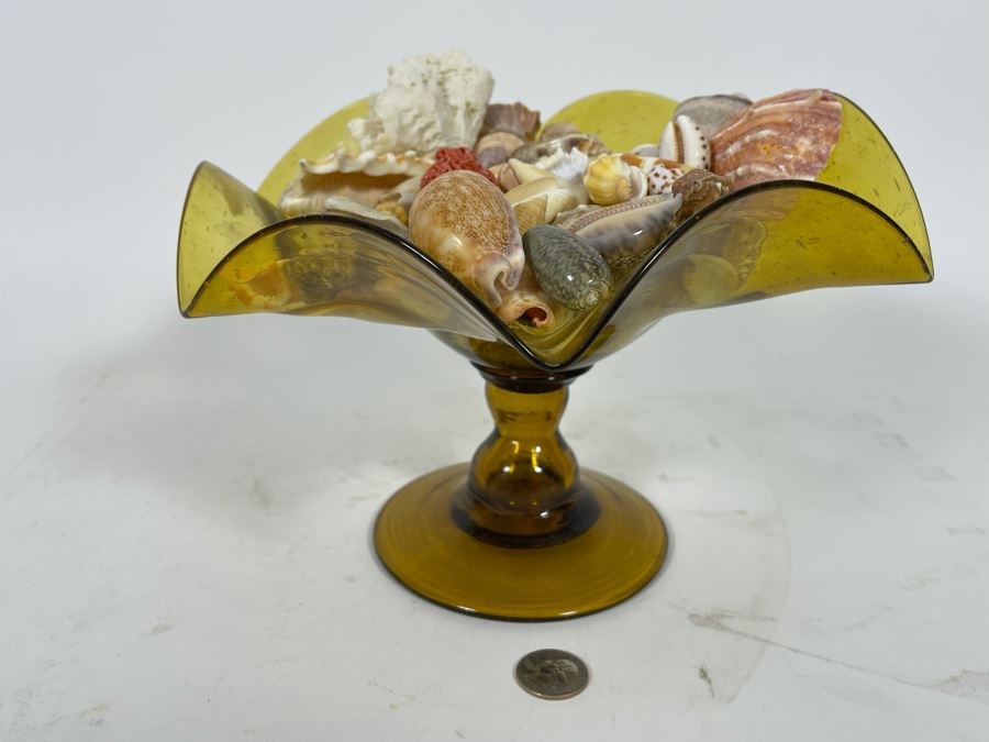 Yellow Art Glass Bowl Filled With Organic Seashells 11W X 7H [Photo 5]