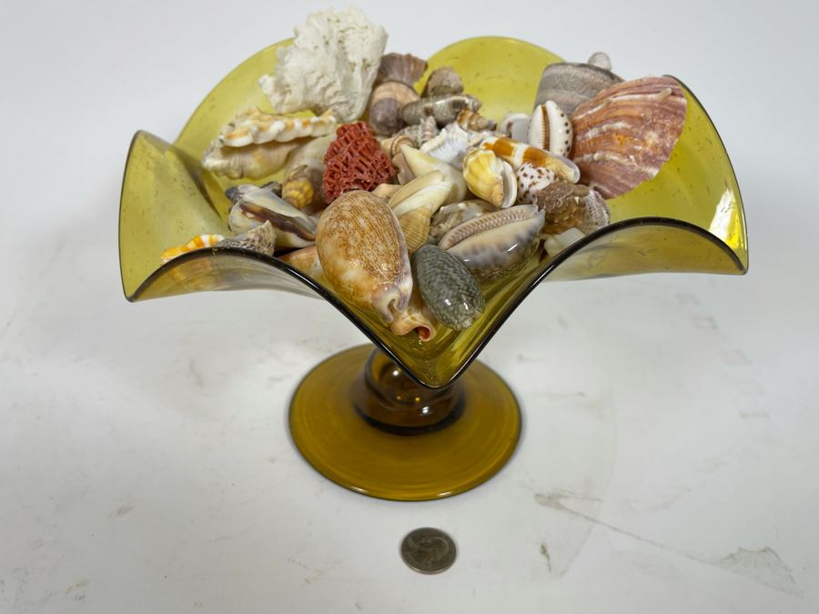 Yellow Art Glass Bowl Filled With Organic Seashells 11W X 7H [Photo 4]