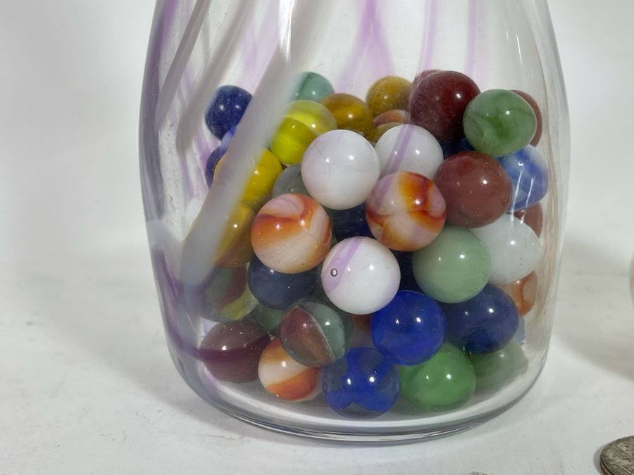 Pair Of Signed Art Glass Vases 6.5H / 8H And Vintage Glass Marbles [Photo 5]