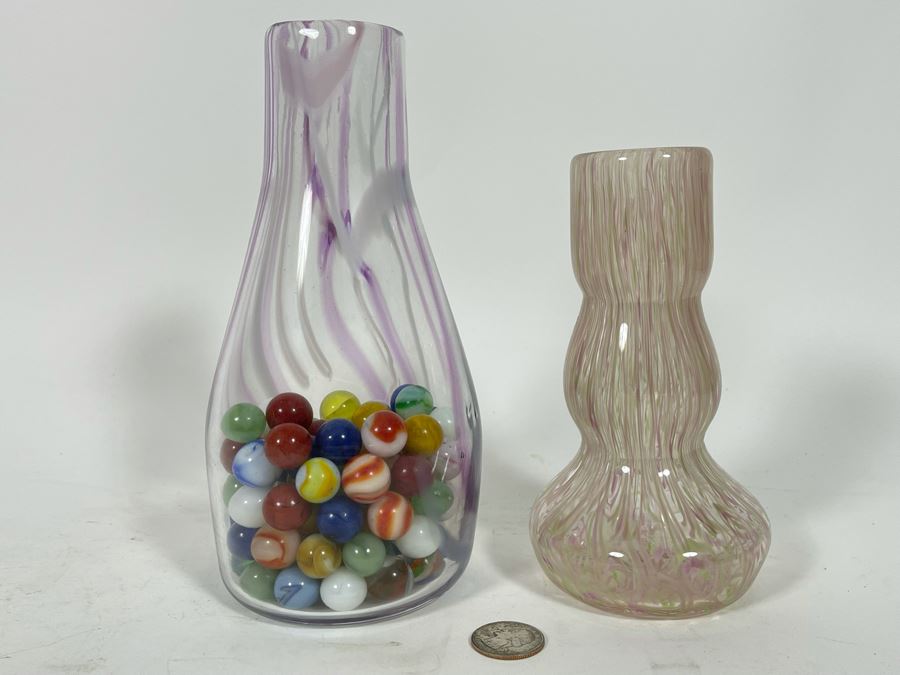 Pair Of Signed Art Glass Vases 6.5H / 8H And Vintage Glass Marbles [Photo 2]